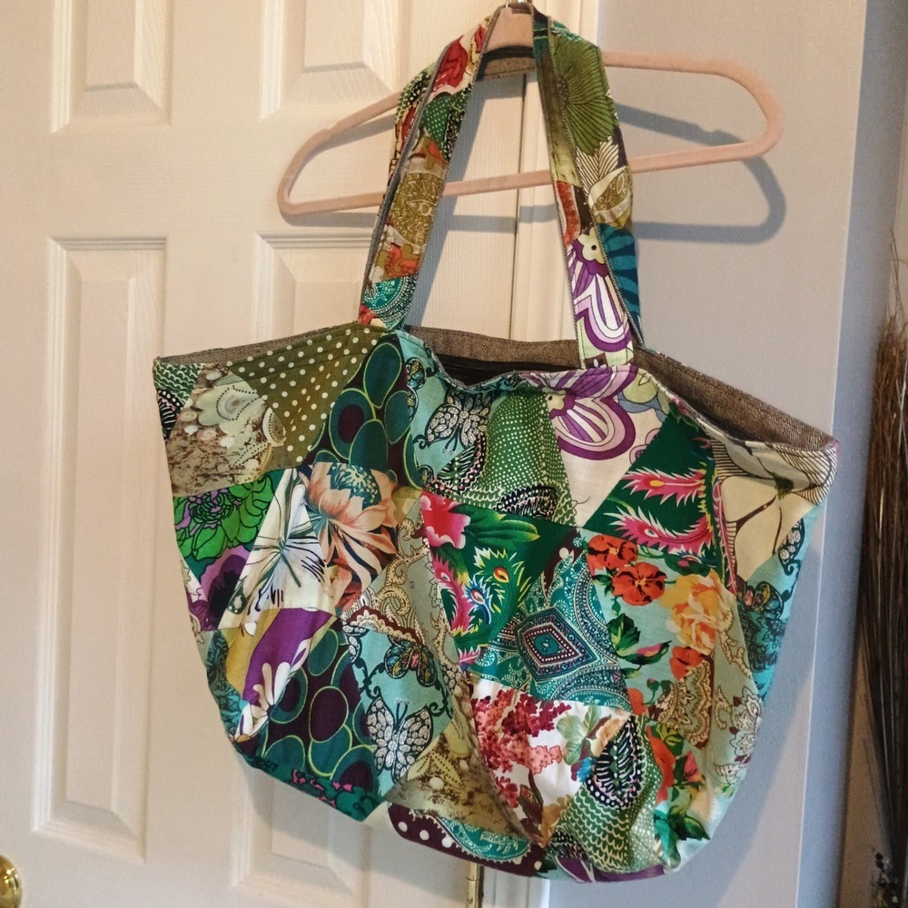 Boho Butterfly Patchwork Tote Bag XL 24x14 Zip Top Multicolor Plum Teal‎ hobo - Picture 3 of 14
